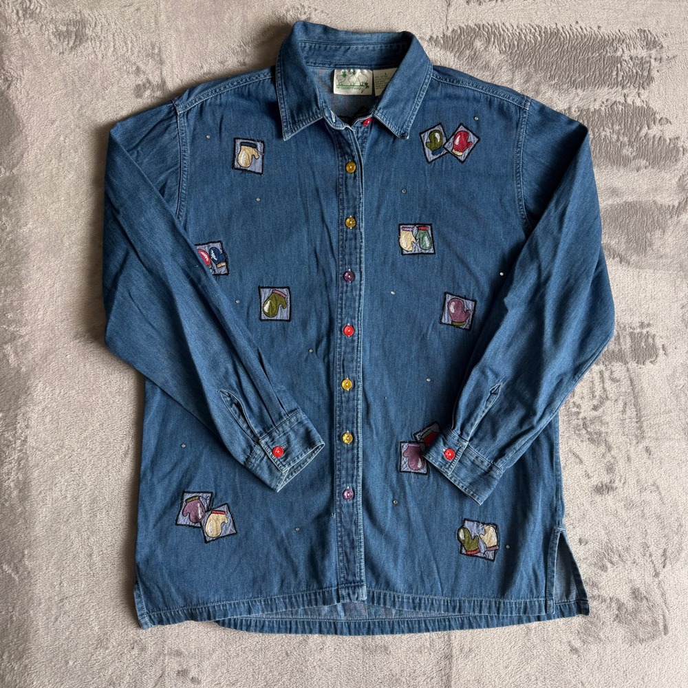 Quacker Factory Womens Denim Shirt Large Blue‎ Mitten Embroidery Vintage